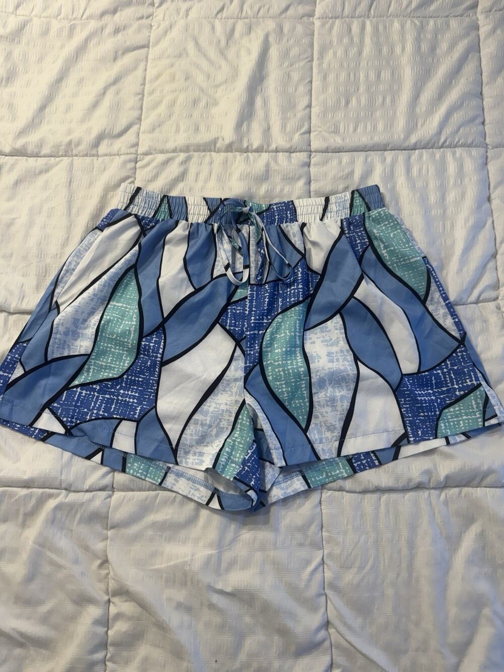 Shein Blue Shorts White Geometric Drawstring Waist Summer Beach Pool Large Women